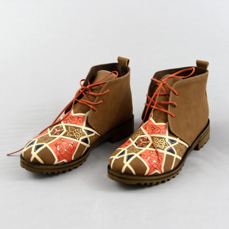 HAND PAINTED PERSIAN TILE BROWN LEATHER BOOTS