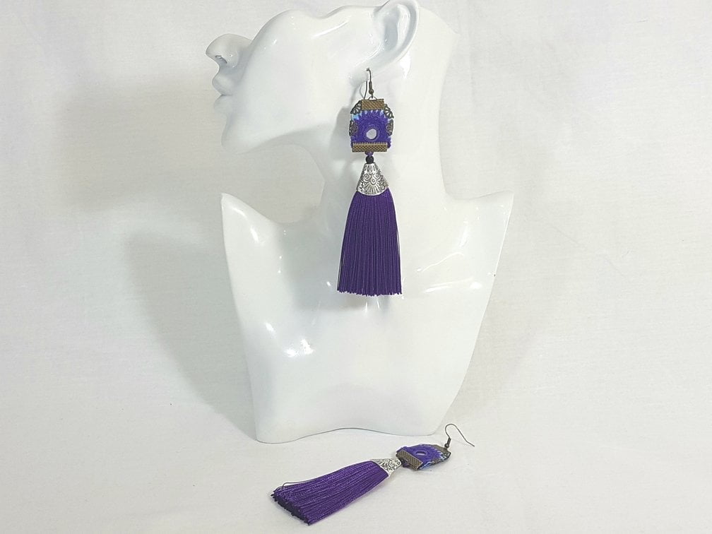 Handmade Tassel Earrings, Purple Baluchi Embroidery