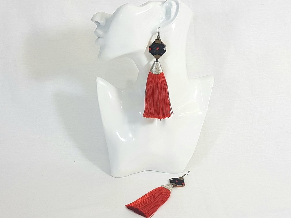 Embroidery Tassel Earrings , Red Baluchi