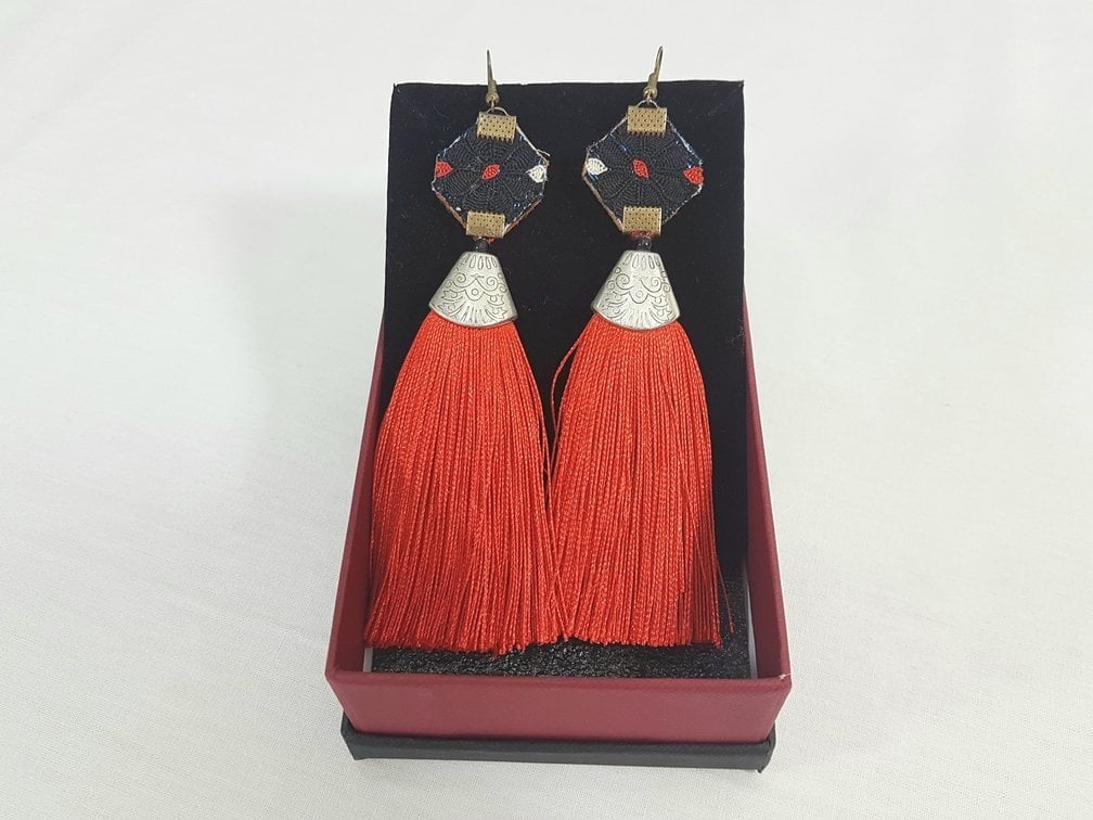 Embroidery Tassel Earrings , Red Baluchi