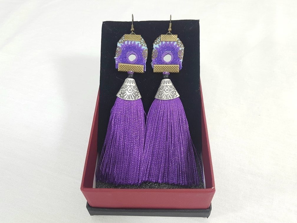 Handmade Tassel Earrings, Purple Baluchi Embroidery