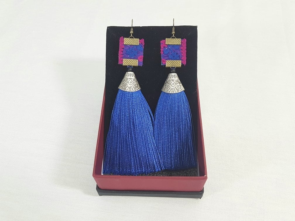 Blue Persian Tassel Earrings Baluchi Embroidery
