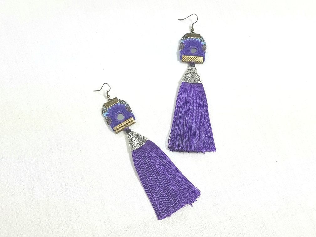 Handmade Tassel Earrings, Purple Baluchi Embroidery