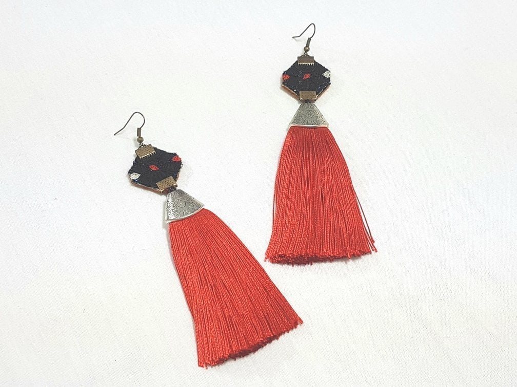 Embroidery Tassel Earrings , Red Baluchi