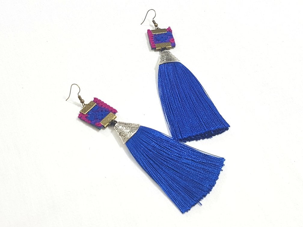 Blue Persian Tassel Earrings Baluchi Embroidery