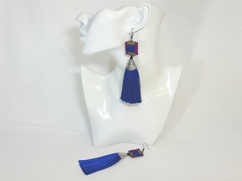 Blue Persian Tassel Earrings Baluchi Embroidery