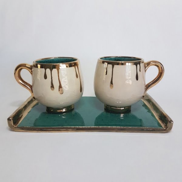 Golden Tears Mugs Set Handmade Pottery
