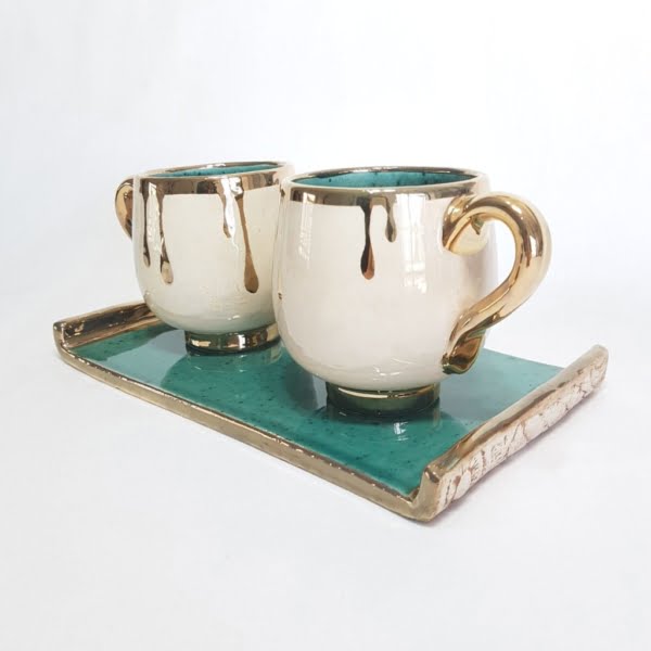 Golden Tears Mugs Set Handmade Pottery