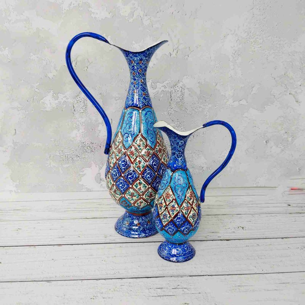 Minakari pitcher with vivid Persian enamel artwork