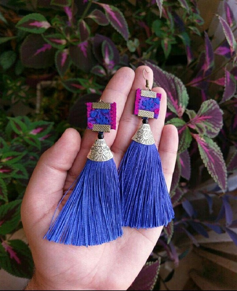 Blue Persian Tassel Earrings Baluchi Embroidery