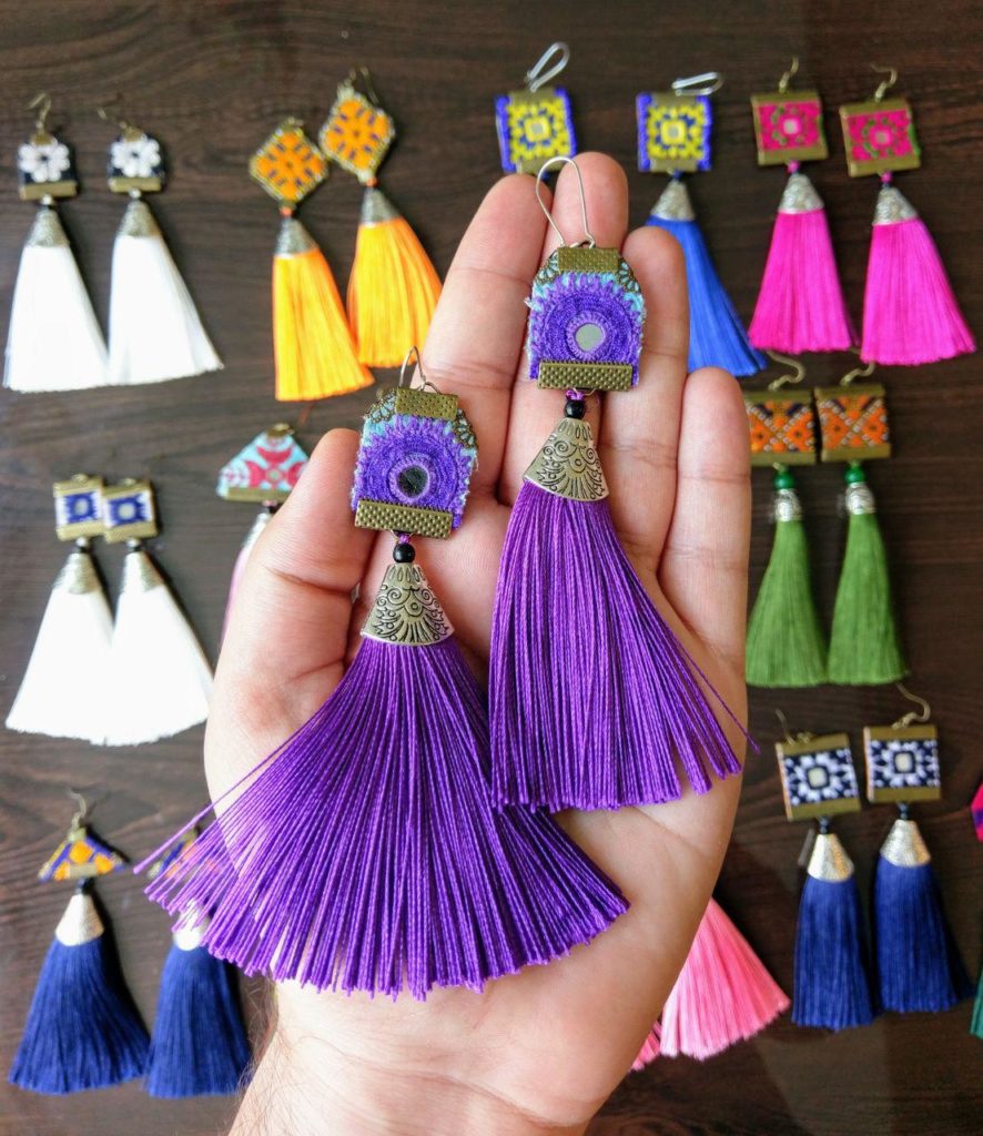 Handmade Tassel Earrings, Purple Baluchi Embroidery