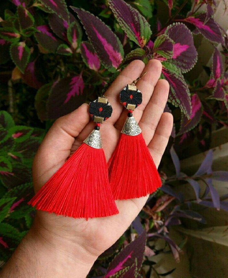 Embroidery Tassel Earrings , Red Baluchi