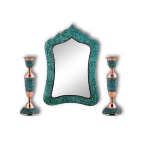 FIROOZEH KOOBI TURQUOISE ON COPPER MIRROR & CANDLESTICKS