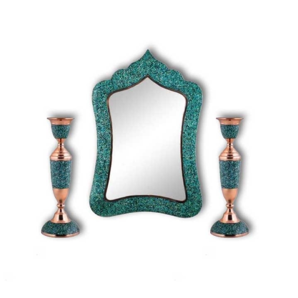 FIROOZEH KOOBI TURQUOISE ON COPPER MIRROR & CANDLESTICKS