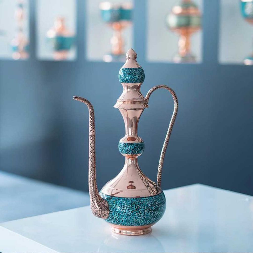 FIROOZEH KOOBI TURQUOISE ON COPPER ROSE WATER SPRINKLER 35CM