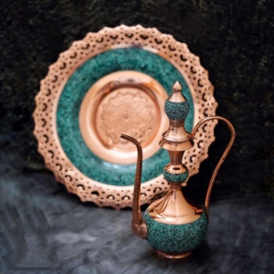 FIROOZEH KOOBI TURQUOISE ON COPPER ROSE WATER SPRINKLER 35CM