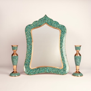 Firoozeh Koobi Turquoise on Copper Mirror and Candlesticks