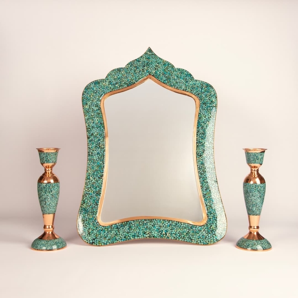 Firoozeh Koobi Turquoise on Copper Mirror and Candlesticks
