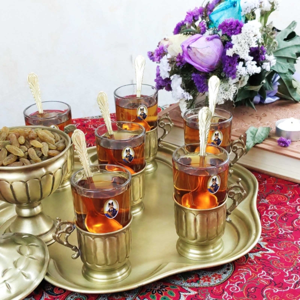GHALAMZANI ON BRASS TEA SET FOR SIX PEOPLE