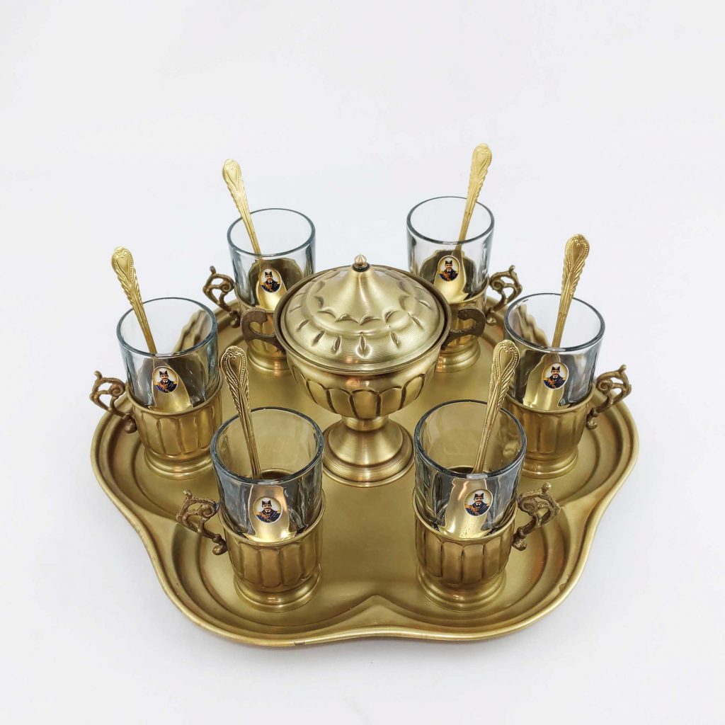 GHALAMZANI ON BRASS TEA SET FOR SIX PEOPLE