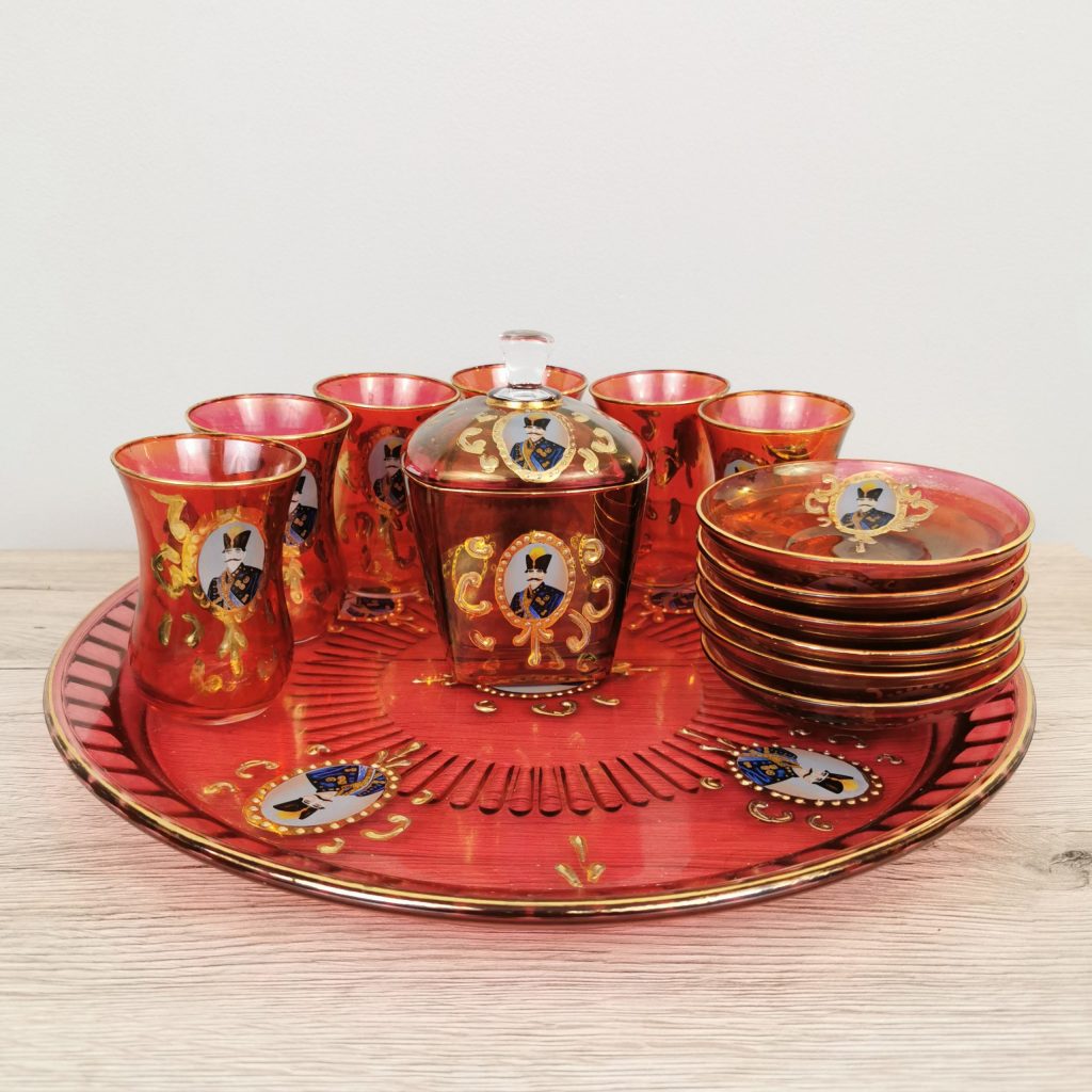 Shah Abbas Tea Set, Red Hand-decorated.