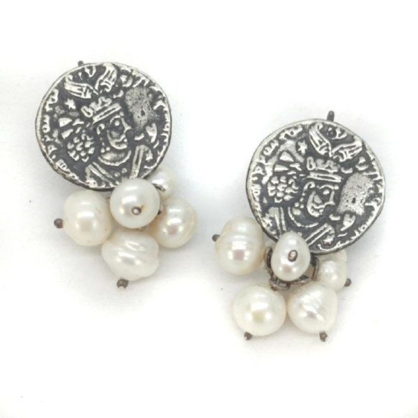 Silver Sasanian Coin and Pearls Earrings
