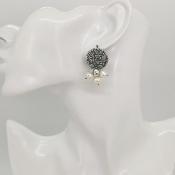 Silver Sasanian Coin and Pearls Earrings