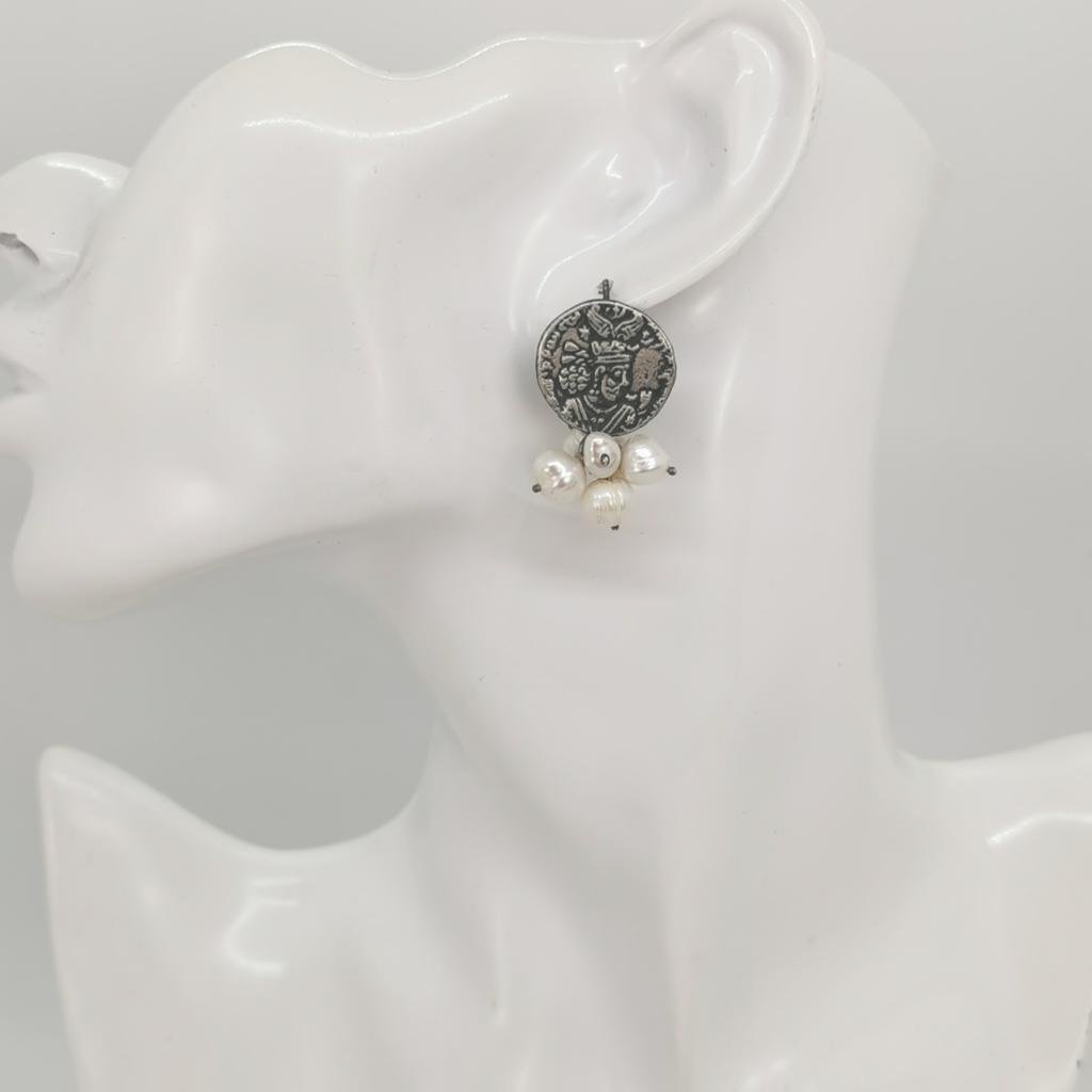 SILVER SASANIAN COIN AND PEARLS EARRINGS - Persiscollection