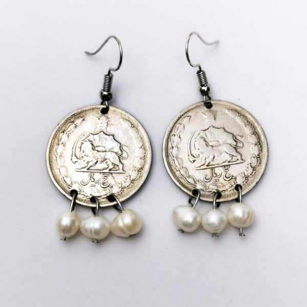 1975 5 Rial Coin and Pearls Earrings