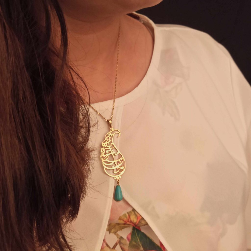 Saadi Poem Silver Necklace With model