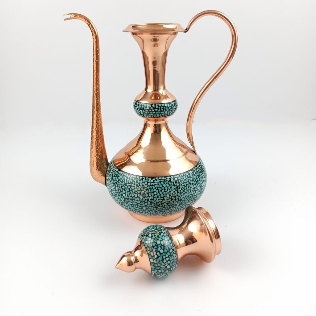 Firoozeh Koobi Turquoise on Copper Rose Water Sprinkler With the door open