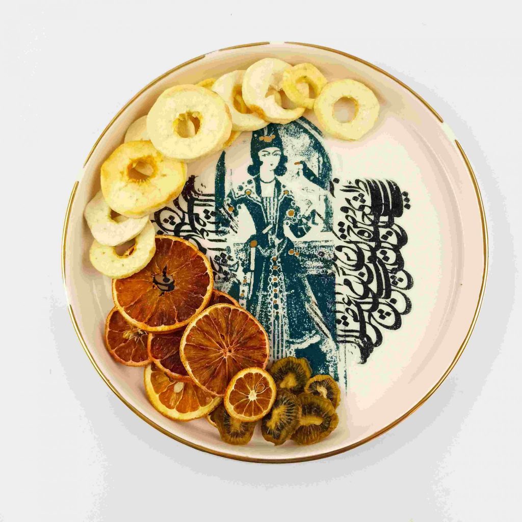 Qajar Girl platter tray photographed from front angle on white background
