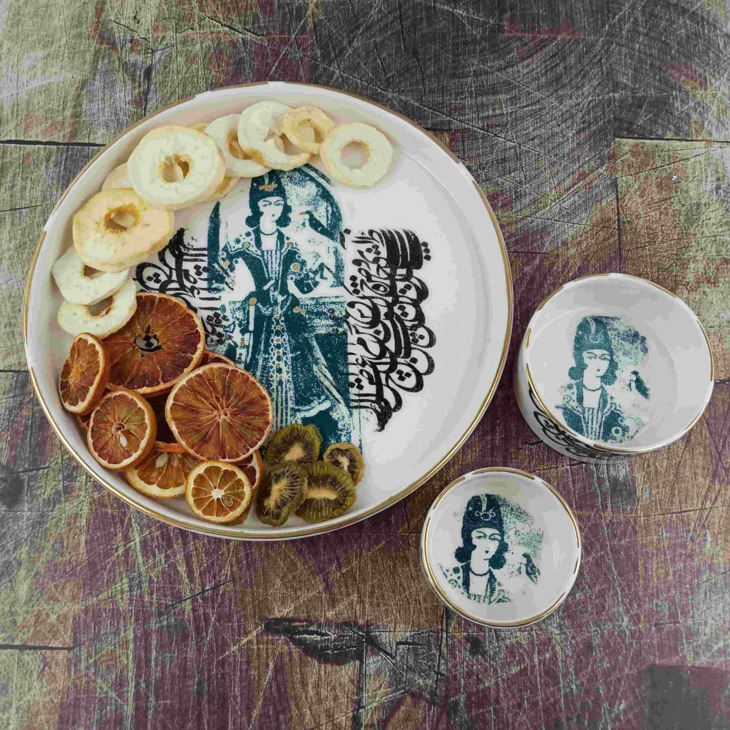 Qajar Girl Plates Set with Tray with fruits