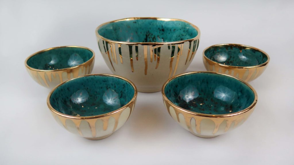 Set Of 5 Golden Tears Handmade Pottery Bowl