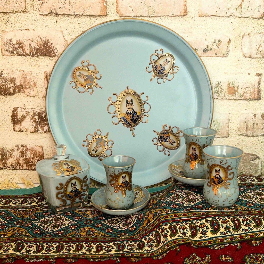 Traditional Persian Tea Set Featuring Stunning Turquoise Accents and Exquisite Craftsmanship