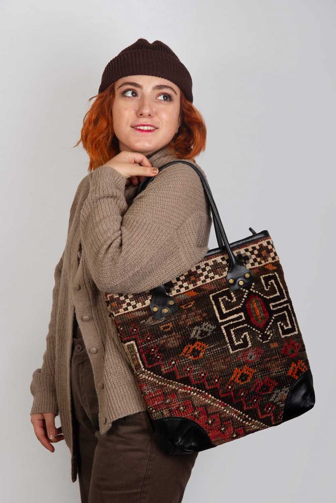 Persian Carpet Bag on shoulder