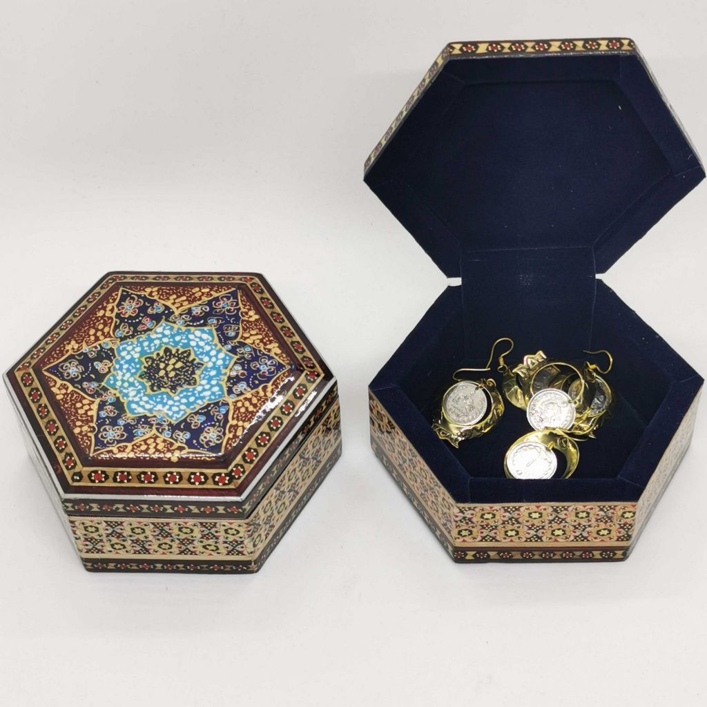 Handcrafted Khatam Jewelry Box with Intricate Persian Inlay Design