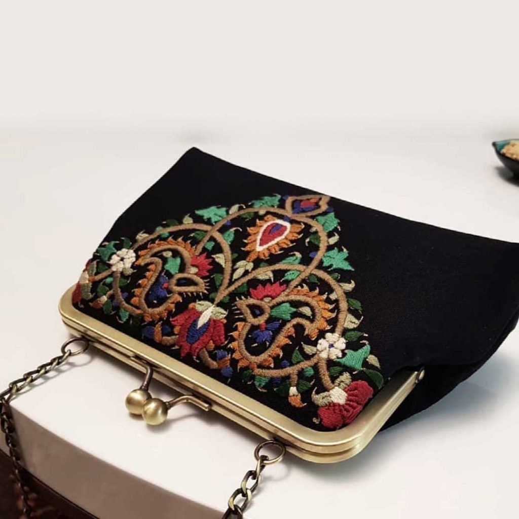 BLACK NEEDLEWORK CANVAS CLUTCH