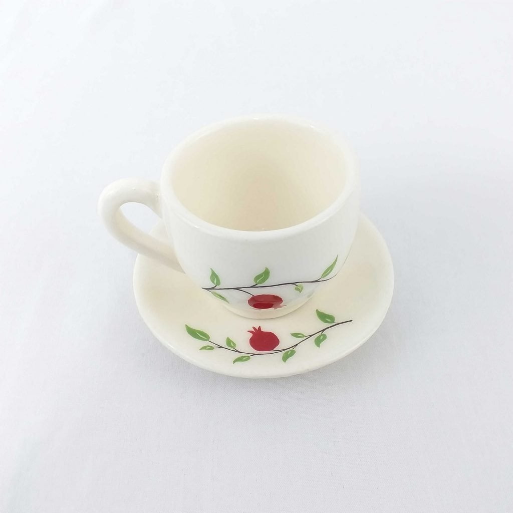 POMEGRANATE CERAMIC TEA CUP with green leaves pattern