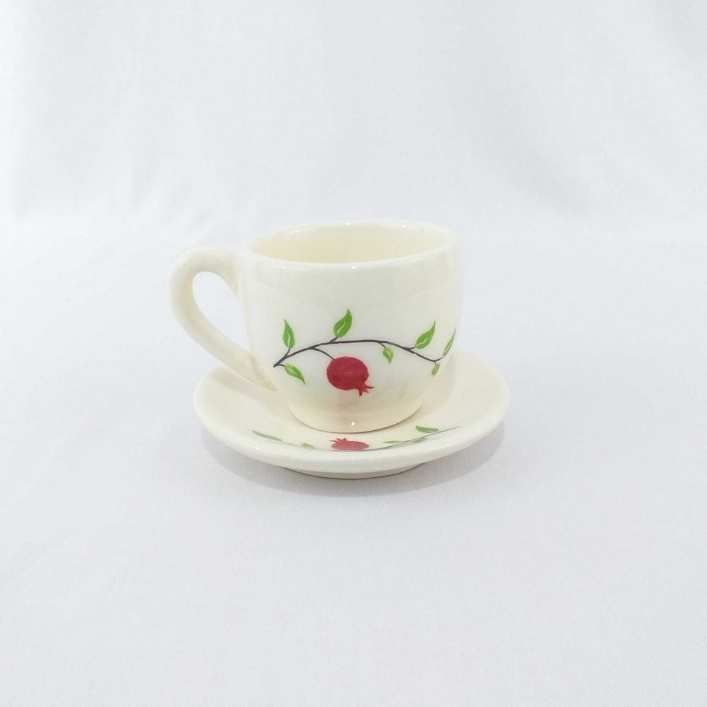 white and green Pomegranate Ceramic Cup Set with medium shot