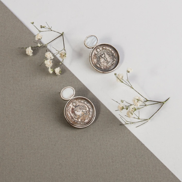 Pahlavi Coin and Shell Earrings