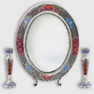 Silver Ghalamzani and Minakari Mirror and Candlesticks