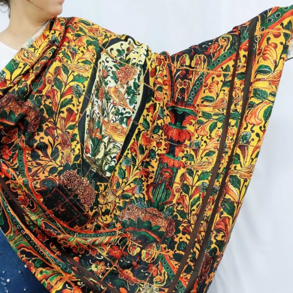 Scarf with Flower and Bird Design –100% Silk