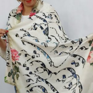 Scarf with rose design and calligraphy