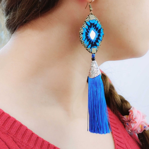 Baluchi Art Tassel Earrings, Turquoise