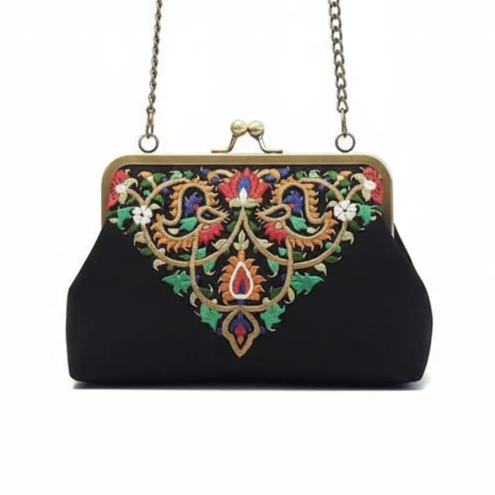 Needlework Canvas Clutch Bag – Black