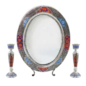Silver Ghalamzani and Minakari Mirror and Candlesticks