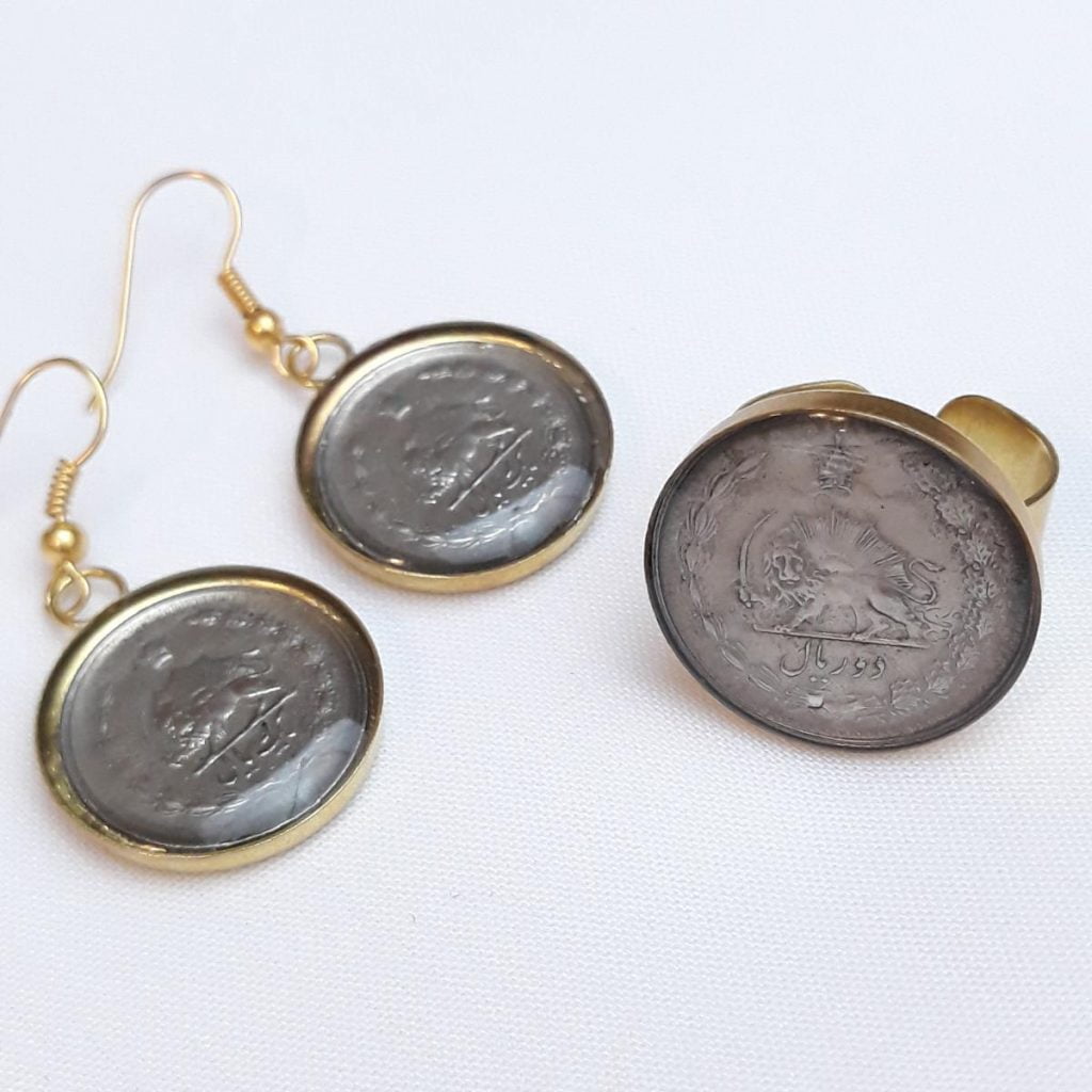 Pahlavi Coin Ring and Earring detail