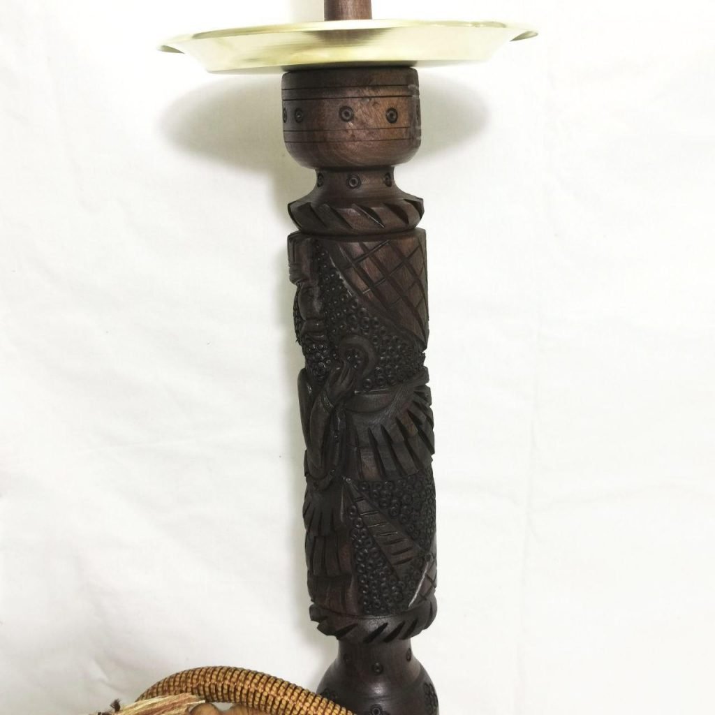 Black Farvahar Qalyan / Hookah from close up view with wooden body