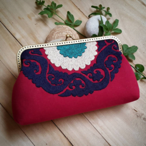RED NEEDLEWORK CANVAS CLUTCH